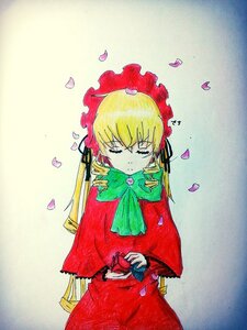 Rating: Safe Score: 0 Tags: 1girl bangs blonde_hair bonnet bow bowtie capelet closed_eyes dress green_neckwear holding image long_hair long_sleeves petals red_capelet red_dress rose rose_petals shinku solo standing traditional_media User: admin