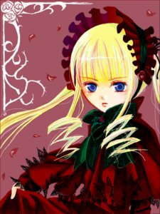 Rating: Safe Score: 0 Tags: 1girl blonde_hair blue_eyes bonnet bow dress drill_hair flower green_bow image long_hair long_sleeves looking_at_viewer petals red_dress rose shinku solo twintails User: admin