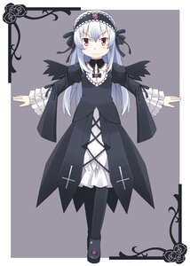 Rating: Safe Score: 0 Tags: 1girl bangs black_dress black_ribbon dress flower frills full_body hairband image juliet_sleeves long_hair long_sleeves looking_at_viewer puffy_sleeves red_eyes ribbon rose silver_hair simple_background smile solo standing suigintou wings User: admin