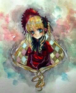 Rating: Safe Score: 0 Tags: 1girl bangs blonde_hair blue_eyes blush bonnet bow bowtie dress flower green_bow image long_hair long_sleeves looking_at_viewer red_dress rose shinku solo twintails User: admin