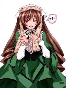 Rating: Safe Score: 0 Tags: 1girl brown_hair dress drill_hair green_dress green_eyes heterochromia image long_hair long_sleeves looking_at_viewer open_mouth smile solo suiseiseki very_long_hair white_background User: admin