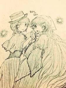 Rating: Safe Score: 0 Tags: 2girls capelet dress hat image long_hair looking_at_viewer monochrome multiple_girls open_mouth pair short_hair smile souseiseki suiseiseki traditional_media very_long_hair User: admin