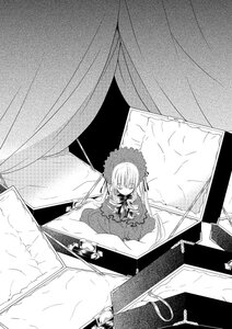 Rating: Safe Score: 0 Tags: 1girl bonnet closed_eyes curtains dress greyscale image long_hair long_sleeves monochrome shinku sleeping solo suigintou wings User: admin