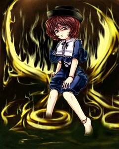 Rating: Safe Score: 0 Tags: 1girl barefoot brown_hair capelet dress full_body hat heterochromia image red_eyes short_hair sitting solo souseiseki User: admin