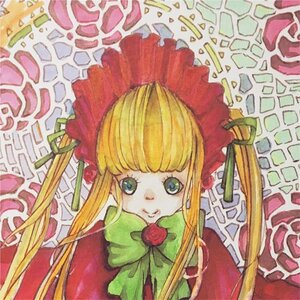 Rating: Safe Score: 0 Tags: 1990s_(style) 1girl bangs blonde_hair blue_eyes bonnet bow bowtie dress flower green_bow image long_hair long_sleeves looking_at_viewer marker_(medium) rose shinku sidelocks solo traditional_media twintails User: admin