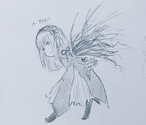 Rating: Safe Score: 0 Tags: 1girl bangs dress eyebrows_visible_through_hair flower hairband image long_hair long_sleeves looking_at_viewer monochrome ribbon sketch solo suigintou traditional_media wings User: admin