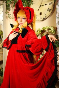 Rating: Safe Score: 0 Tags: 1girl bangs blonde_hair blue_eyes bonnet bow dress flower frills long_sleeves looking_at_viewer red_dress shinku solo User: admin