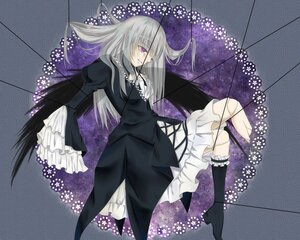 Rating: Safe Score: 0 Tags: dress frilled_sleeves frills hair_over_one_eye image kneehighs lolita_fashion long_hair long_sleeves purple_eyes silver_hair solo suigintou umbrella wings User: admin