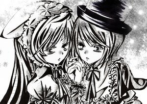 Rating: Safe Score: 0 Tags: 2girls blush frills greyscale hairband hat holding_hands image interlocked_fingers long_hair looking_at_viewer monochrome multiple_girls pair ribbon short_hair siblings sisters souseiseki suiseiseki top_hat twins User: admin