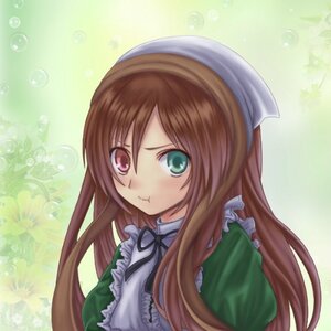 Rating: Safe Score: 0 Tags: 1girl :t ? air_bubble brown_hair bubble dress frills green_background green_dress green_eyes hat head_scarf heterochromia image long_hair looking_at_viewer pout ribbon solo suiseiseki upper_body User: admin