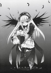 Rating: Safe Score: 0 Tags: 1girl blush doujinshi doujinshi_#121 dress feathers frilled_sleeves frills full_body greyscale hairband image long_hair long_sleeves looking_at_viewer monochrome multiple ribbon solo standing suigintou very_long_hair wings User: admin