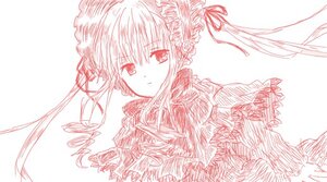 Rating: Safe Score: 0 Tags: 1girl bow dress floating_hair frills image long_hair looking_at_viewer monochrome ribbon shinku simple_background solo twintails upper_body white_background User: admin