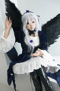 Rating: Safe Score: 0 Tags: 1girl black_wings boots dress feathered_wings feathers flower frills long_hair long_sleeves solo suigintou white_hair wings User: admin