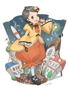 Rating: Safe Score: 0 Tags: 1girl black_footwear black_hair dress full_body green_eyes image kanaria long_sleeves open_mouth orange_dress shoes smile solo standing white_legwear wide_sleeves User: admin