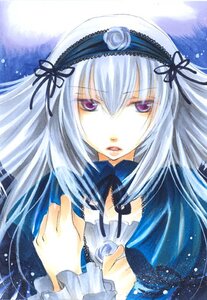 Rating: Safe Score: 0 Tags: 1girl black_ribbon detached_collar dress flower frills hairband image lolita_hairband long_hair long_sleeves looking_at_viewer marker_(medium) ribbon rose silver_hair solo suigintou traditional_media User: admin