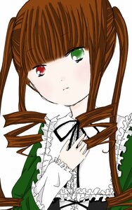 Rating: Safe Score: 0 Tags: 1girl bangs blush brown_hair costume_switch dress drill_hair frills heterochromia image long_hair long_sleeves looking_at_viewer red_eyes simple_background solo twintails upper_body white_background User: admin