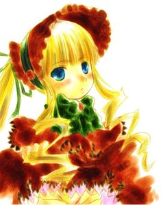 Rating: Safe Score: 0 Tags: 1girl blonde_hair blue_eyes blush bow bowtie dress flower green_bow image long_hair long_sleeves looking_at_viewer rose shinku simple_background solo twintails upper_body white_background User: admin
