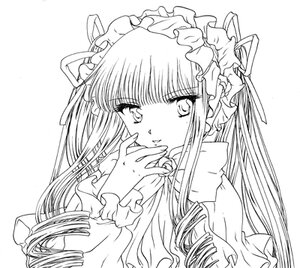 Rating: Safe Score: 0 Tags: 1girl bangs drill_hair frills greyscale image long_hair long_sleeves looking_at_viewer monochrome shinku simple_background smile solo upper_body white_background User: admin