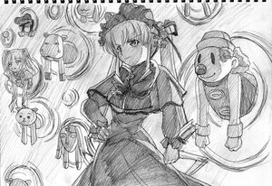 Rating: Safe Score: 0 Tags: 1girl bow bowtie dress greyscale hat image kirakishou long_hair long_sleeves looking_at_viewer monochrome pair shinku smile standing twintails very_long_hair User: admin