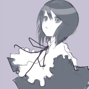 Rating: Safe Score: 0 Tags: 1girl frills from_side grey_background image looking_at_viewer monochrome ribbon short_hair simple_background solo souseiseki upper_body User: admin