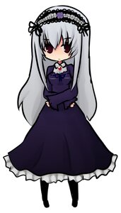 Rating: Safe Score: 0 Tags: 1girl bangs chibi dress frills full_body hairband image long_hair long_sleeves red_eyes silver_hair simple_background solo standing suigintou very_long_hair white_background User: admin