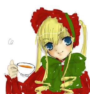 Rating: Safe Score: 0 Tags: 1girl blonde_hair blue_eyes bonnet bow cup dress holding holding_cup image long_hair long_sleeves looking_at_viewer saucer shinku simple_background smile solo tea teacup teapot upper_body white_background User: admin