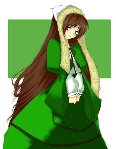 Rating: Safe Score: 0 Tags: 1girl blush brown_hair dress frills green_background green_dress green_eyes heterochromia image long_hair long_sleeves looking_at_viewer red_eyes simple_background solo standing suiseiseki very_long_hair User: admin