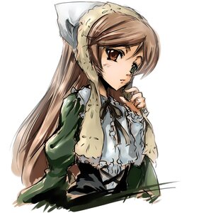 Rating: Safe Score: 0 Tags: 1girl brown_hair dress frills green_dress heterochromia image long_hair long_sleeves red_eyes simple_background solo suiseiseki upper_body very_long_hair white_background User: admin