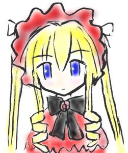 Rating: Safe Score: 0 Tags: 1girl blonde_hair blue_eyes blush bow bowtie dress frills hat image long_hair long_sleeves looking_at_viewer shinku simple_background solo white_background User: admin