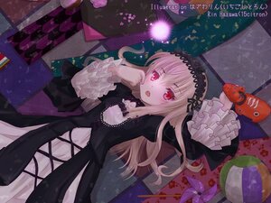 Rating: Safe Score: 0 Tags: 1girl black_dress blush dress flower frills gothic_lolita hairband lolita_fashion long_hair long_sleeves lying open_mouth red_eyes ribbon solo suigintou wide_sleeves User: admin