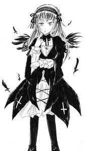 Rating: Safe Score: 0 Tags: 1girl bird black_feathers black_wings boots dress feathers frills full_body greyscale hairband image long_hair long_sleeves looking_at_viewer monochrome ribbon simple_background solo standing suigintou traditional_media white_background wings User: admin