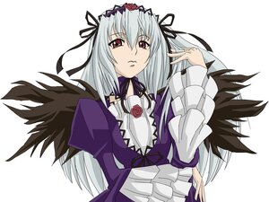 Rating: Safe Score: 0 Tags: 1girl black_wings dress flower frilled_sleeves frills hairband image long_hair long_sleeves looking_at_viewer red_eyes ribbon rose silver_hair solo suigintou upper_body white_background wings User: admin