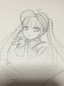 Rating: Safe Score: 0 Tags: 1girl bangs bow bowtie dress flower frills hairband image long_hair looking_at_viewer monochrome rose shinku simple_background sketch solo traditional_media twintails User: admin