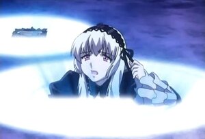 Rating: Safe Score: 0 Tags: 1girl blurry dress frilled_sleeves frills hairband image long_hair long_sleeves open_mouth rose silver_hair solo suigintou User: admin