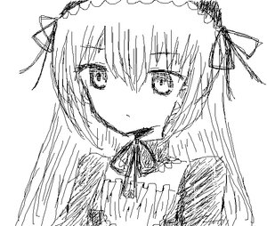 Rating: Safe Score: 0 Tags: 1girl bangs blush closed_mouth eyebrows_visible_through_hair greyscale hair_ribbon image looking_at_viewer monochrome ribbon simple_background solo suigintou upper_body white_background User: admin