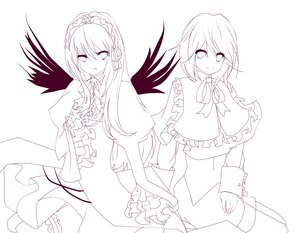 Rating: Safe Score: 0 Tags: 2girls alice_margatroid capelet dress frills hairband image lineart long_hair long_sleeves looking_at_viewer monochrome multiple_girls pair short_hair smile souseiseki striped suigintou vertical_stripes wings User: admin