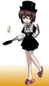 Rating: Safe Score: 0 Tags: 1girl brown_hair dress fork full_body green_eyes hat heterochromia image open_mouth pink_footwear plate red_eyes ribbon short_hair slippers solo souseiseki top_hat User: admin