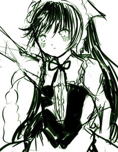 Rating: Safe Score: 0 Tags: 1girl bangs bare_shoulders blush closed_mouth dress image long_hair monochrome neck_ribbon ribbon simple_background solo suiseiseki twintails upper_body white_background User: admin