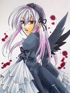 Rating: Safe Score: 0 Tags: 1girl black_ribbon dress flower frills hairband image juliet_sleeves lolita_hairband long_hair long_sleeves looking_at_viewer looking_back ribbon solo suigintou wings User: admin