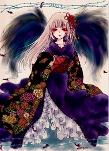 Rating: Safe Score: 0 Tags: 1girl blonde_hair flower hair_flower hair_ornament image japanese_clothes kimono long_hair red_eyes solo suigintou wings User: admin