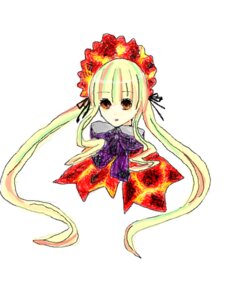 Rating: Safe Score: 0 Tags: 1girl blonde_hair dress flower image long_hair long_sleeves looking_at_viewer ribbon shinku simple_background solo twintails very_long_hair white_background User: admin