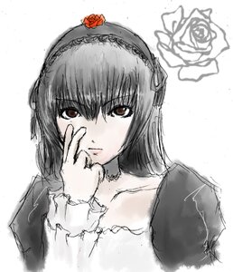 Rating: Safe Score: 0 Tags: 1girl bangs closed_mouth dress flower hairband image long_hair long_sleeves looking_at_viewer monochrome red_eyes red_flower red_rose rose simple_background solo suigintou upper_body white_background User: admin