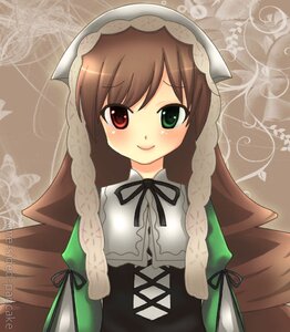 Rating: Safe Score: 0 Tags: 1girl bangs black_ribbon blush braid brown_hair dress frills green_dress green_eyes head_scarf heterochromia image long_hair long_sleeves looking_at_viewer red_eyes ribbon smile solo suiseiseki upper_body User: admin