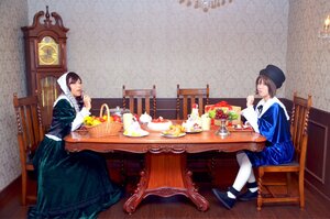 Rating: Safe Score: 0 Tags: 2girls brown_hair chair food hat indoors multiple_cosplay multiple_girls pantyhose shoes sitting table tagme white_legwear User: admin