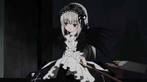 Rating: Safe Score: 0 Tags: 1girl bangs black_background black_dress black_wings closed_mouth dress eyebrows_visible_through_hair frills hairband holding_weapon image juliet_sleeves long_hair long_sleeves red_eyes sitting solo suigintou weapon wings User: admin