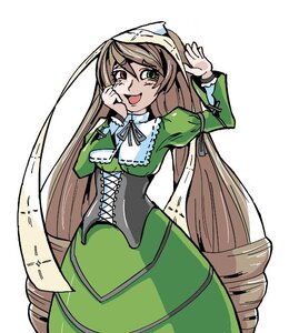 Rating: Safe Score: 0 Tags: 1girl :d brown_hair dress green_dress green_eyes heterochromia image long_hair long_sleeves looking_at_viewer open_mouth red_eyes simple_background smile solo suiseiseki very_long_hair white_background User: admin