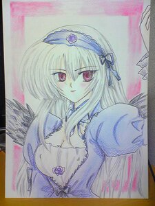 Rating: Safe Score: 0 Tags: 1girl black_wings breasts cleavage colored_pencil_(medium) dress flower frills hairband image juliet_sleeves long_hair long_sleeves looking_at_viewer marker_(medium) photo pink_eyes puffy_sleeves red_eyes rose shikishi solo suigintou traditional_media upper_body wings User: admin