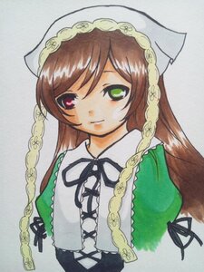 Rating: Safe Score: 0 Tags: 1girl braid brown_hair dress frills green_dress green_eyes hat head_scarf heterochromia image long_hair long_sleeves looking_at_viewer red_eyes ribbon simple_background smile solo suiseiseki traditional_media upper_body white_background User: admin