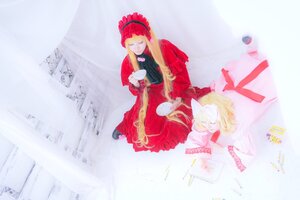 Rating: Safe Score: 0 Tags: 1girl blonde_hair bonnet dress long_hair multiple_cosplay red_dress shinku sitting solo tagme User: admin