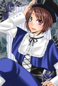 Rating: Safe Score: 0 Tags: 1girl blue_dress blue_flower brown_hair dress flower frills green_eyes hat heterochromia image long_sleeves looking_at_viewer open_mouth red_eyes ribbon rose short_hair smile solo souseiseki top_hat User: admin